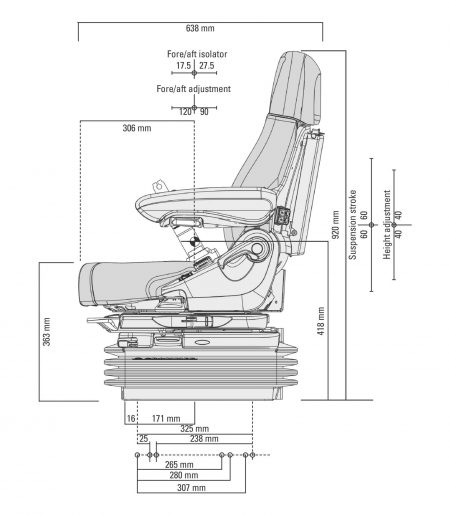 Grammer Maximo Dynamic Plus MSG95AL/741 luchtgeveerde stoel voor tractor afmetingen